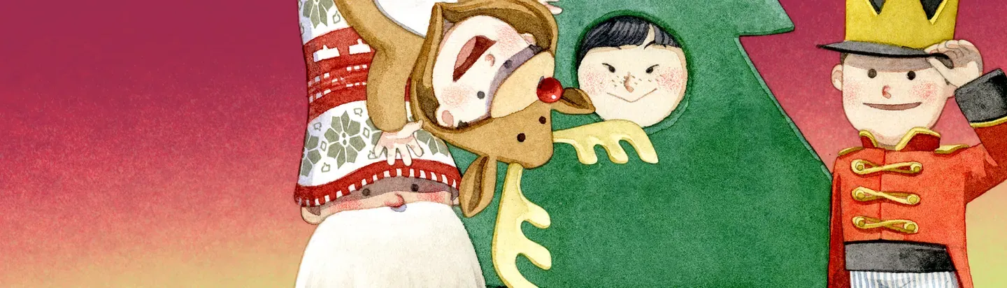 Ilustración navideña con personajes infantiles sobre fondo rojo