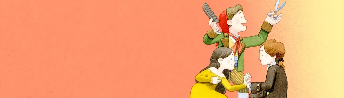 Ilustración de personajes cantando sobre fondo naranja
