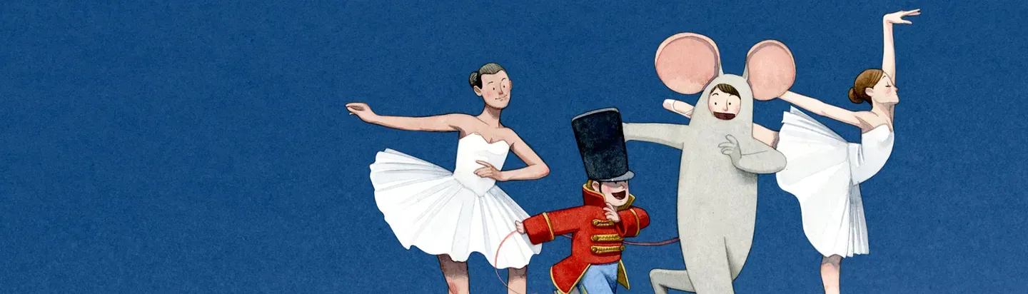 Bailarines con trajes blancos y personaje del Cascanueces sobre fondo azul