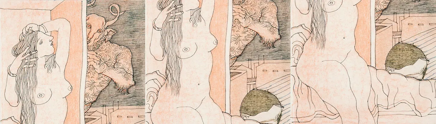 Ilustración en tonos rojizos de personajes de El castillo de Barbazul