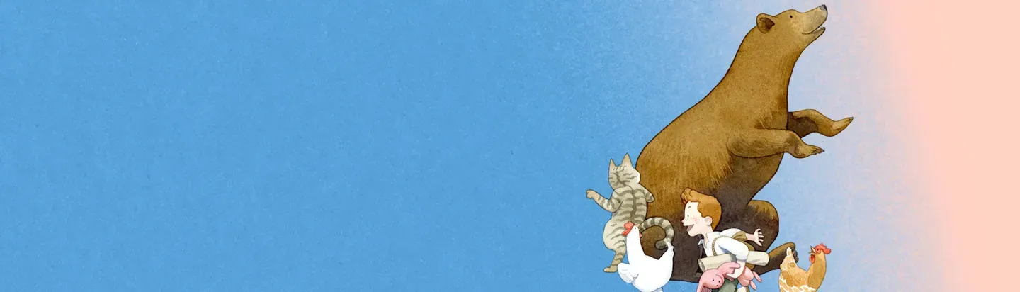 Ilustración de un oso y personajes pequeños sobre fondo azul