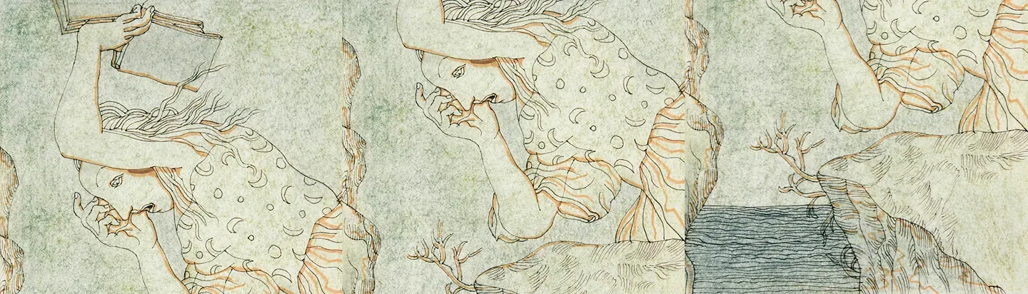 Ilustración en tonos verdes de los personajes de Katia Kabanová