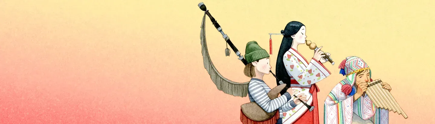 Ilustración colorida de personajes con instrumentos de viento