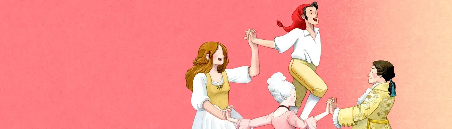 Ilustración de personajes de Las bodas de Fígaro sobre fondo rosa