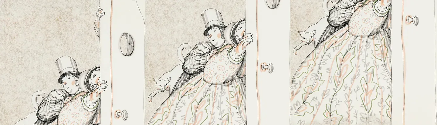 Ilustración en tonos claros de una escena de Las bodas de Fígaro