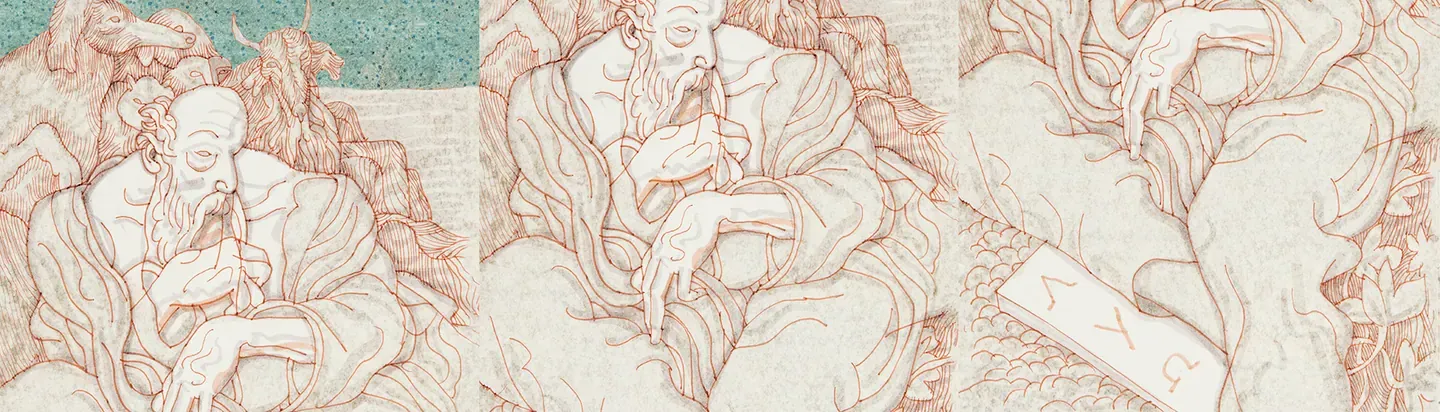 Ilustración en tonos rosados de figuras de Mitridate