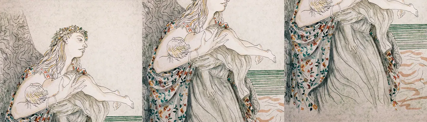 Ilustración con figuras y vestuario de época para Norma