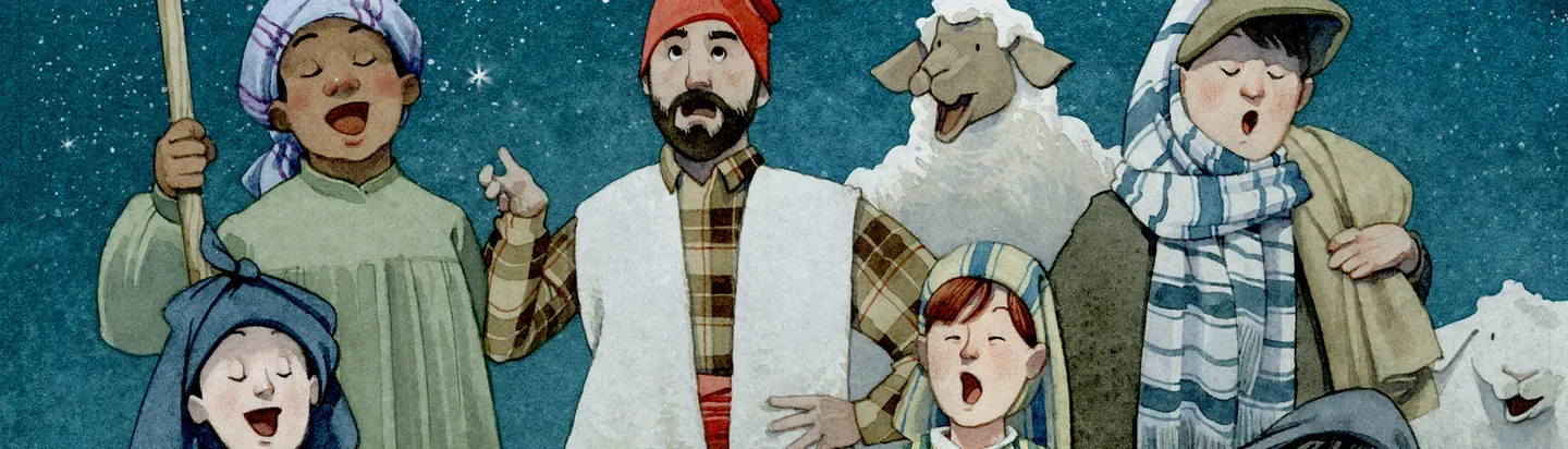 Ilustración de personajes festivos cantando juntos